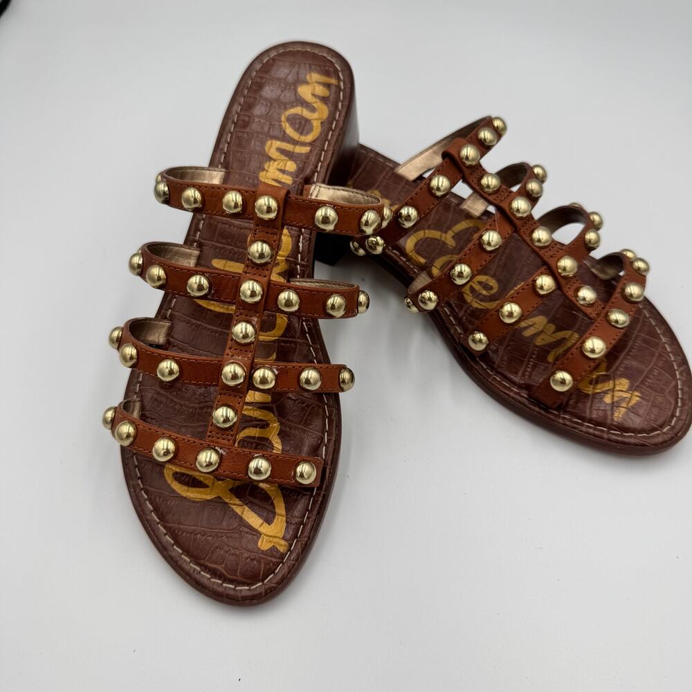 Sam Edelman Juniper Studded Gladiator Slide Sandal Brown Leather Gold 8.5 38.5 - Picture 15 of 15